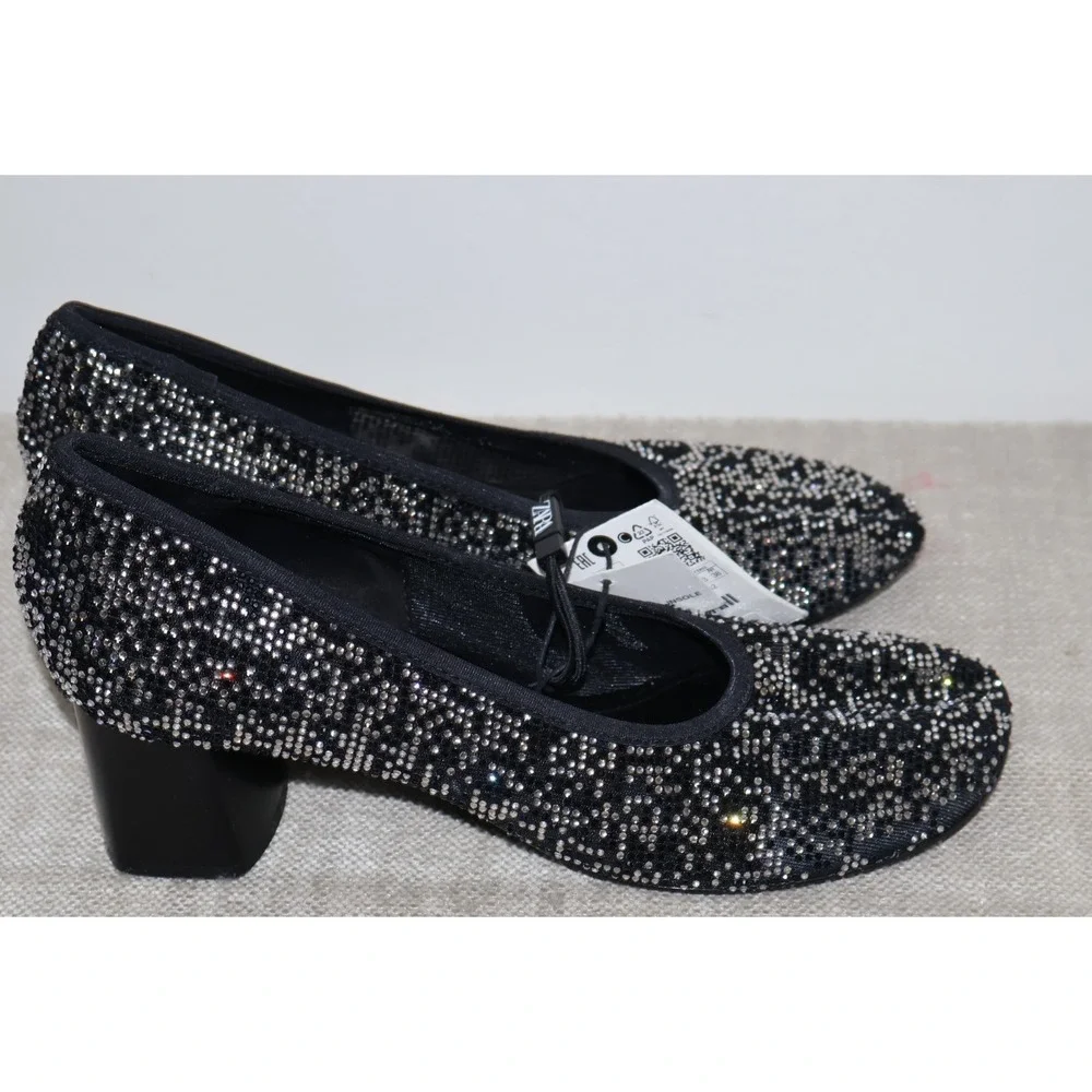 ZARA WOMEN SHOES SIZE 8/39 BLACK SLIVER RHINESTONES‎ SPARKLES